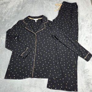 Soma Pajamas Black Gold Dot Long Sleeve Button Up M Top L Pants 2pc Set